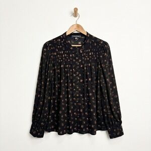 Laurel Grey Floral Blouse XL Black Pleated Pintuck Long Sleeve Button Up